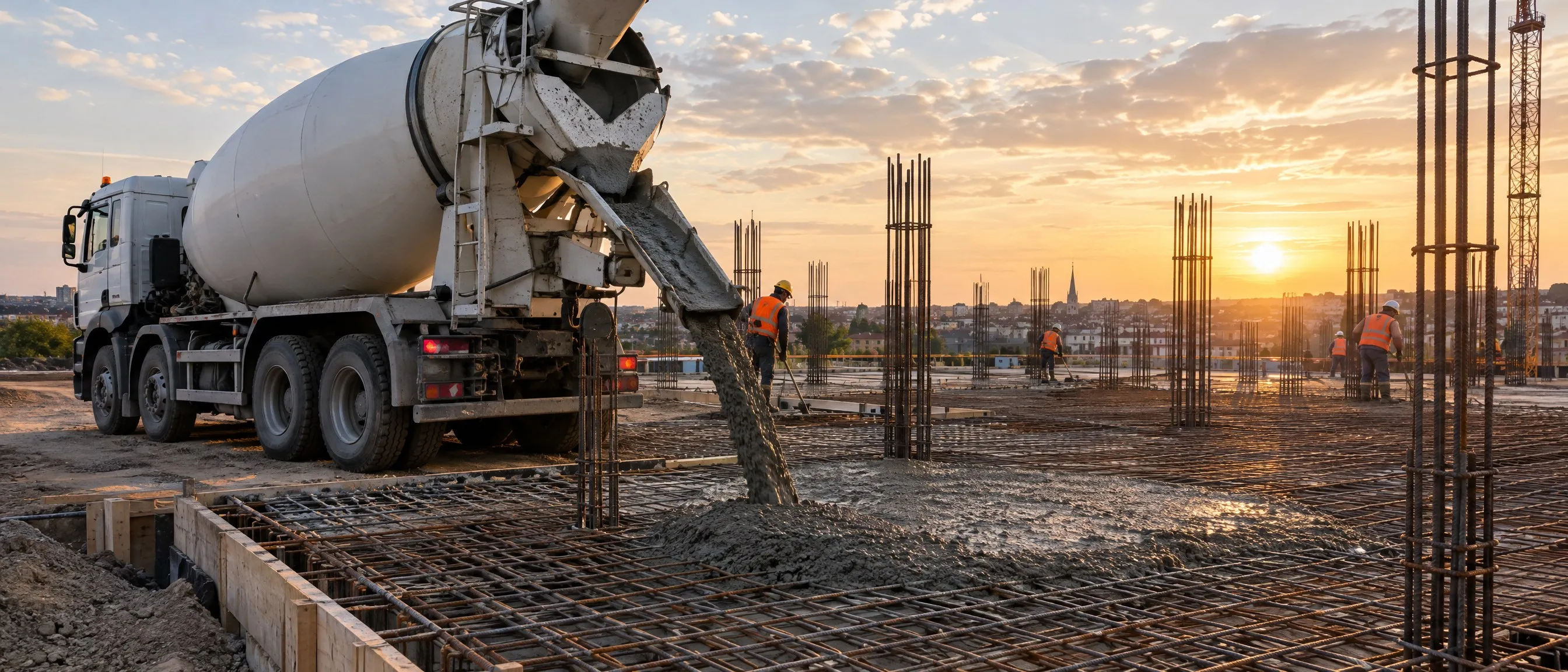 Autodomíchávač betonuje základovou desku s výztuží