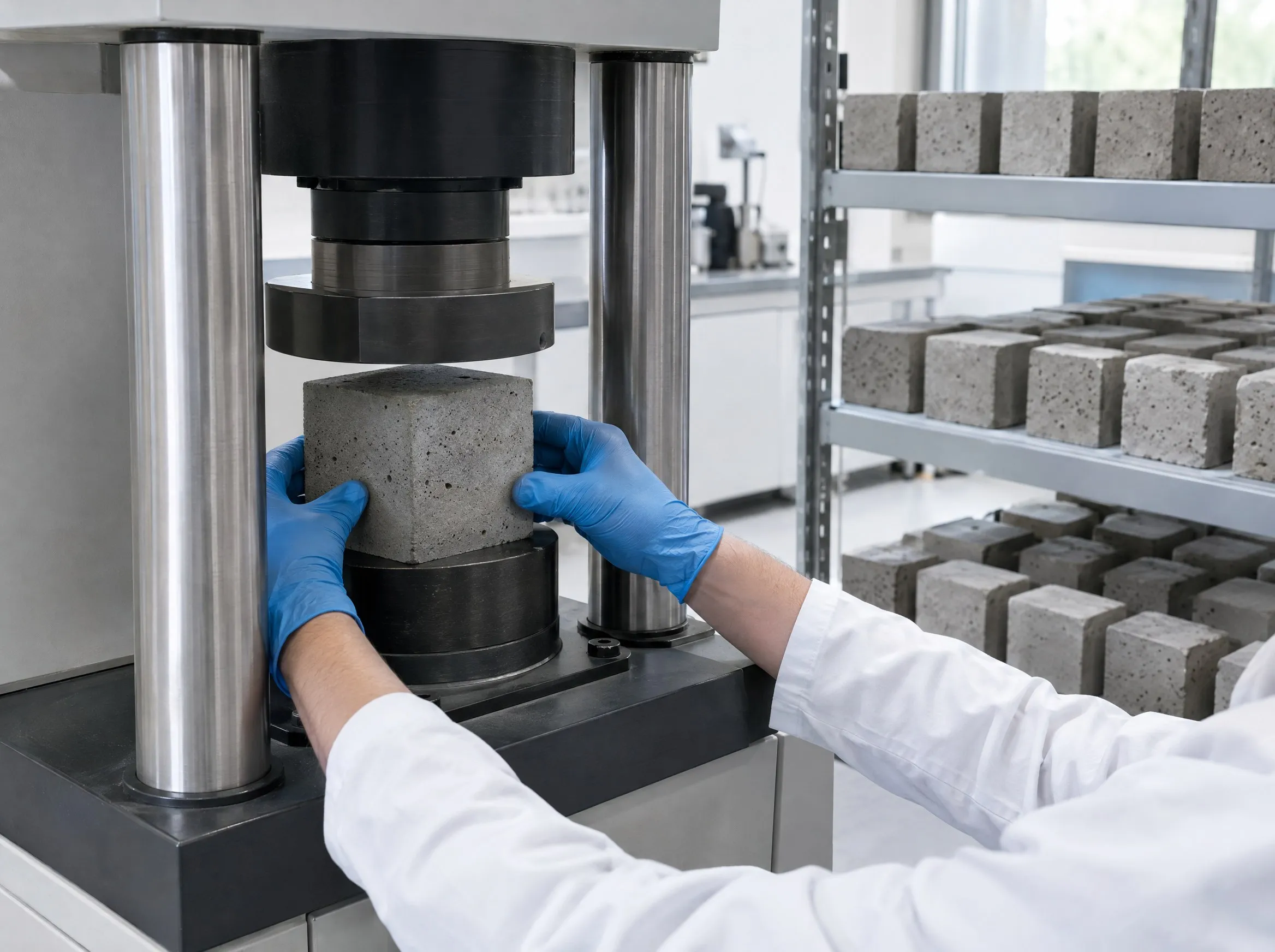 Zkouška pevnosti betonové krychle v laboratoři